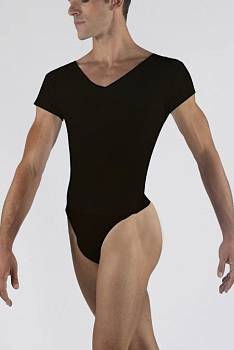 Мужской балетный купальник с V-образным вырезом и короткими рукавами. Трусы-бандаж полного кроя, с подкладкой спереди.